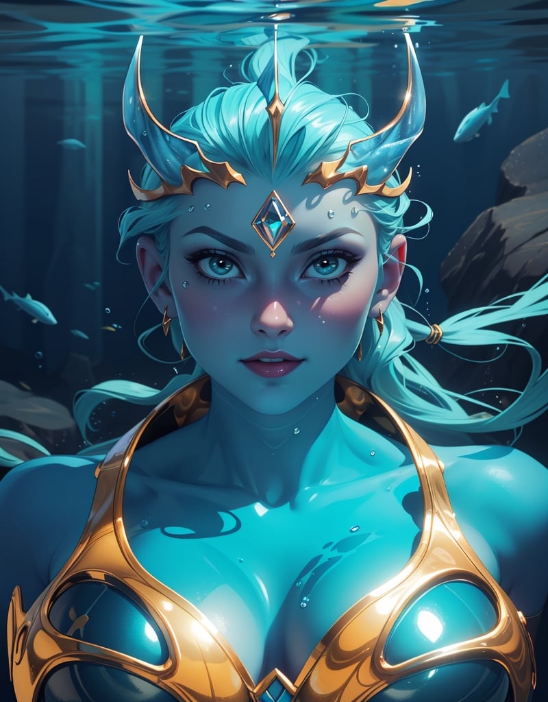   portrait of a voluptuous female body of water, transparent body, extremely shiny_reflective skin,  see-through body, pretty blue eyes, large firm breast, slim waist, thick hips and thighs, hourglass body shape, golden pieces on its body, blue goddess lingerie, Bright blue eyes,watery hair, water in the shape of hair on her head  trident shaped head ornament, voluptuous water_aqautic body, dramatic lighting, dark romantic lighting, deep underwater background, 4k resolution image, realistic image, detailed image, realistically detailed facial features, vibrant colors surrounding it, marine life in the background, action scenes, dramatic lighting, holographic lighting, blue skin! blue skin!, smooth texture, voluptuous and curvy, voluptuous body, curvy_figure, high_resolution, 4k, extremely detailed, great quality image, watery blue skin