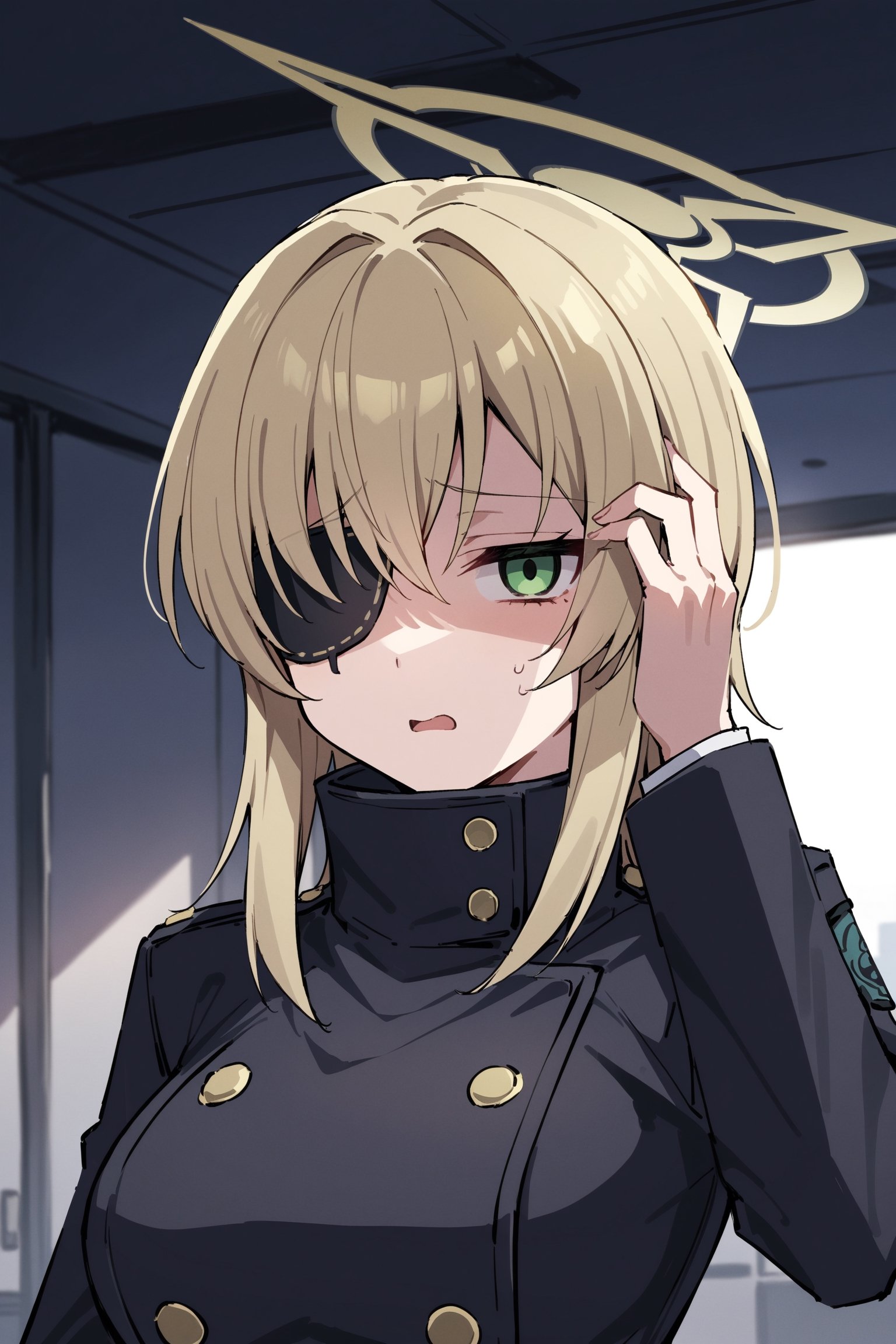 Masterpiece,cinematic lighting, best quality,solo,1girl,SuohBA,(Suoh_halo,halo),blonde hair,medium hair,green eye,eye patch,face palm,sigh,office,smart phone,shaded face,empty eyes,looking at viewer
