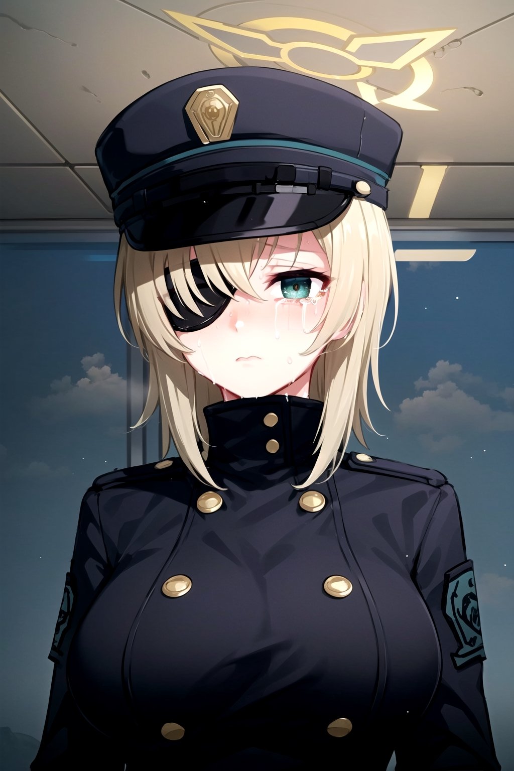 Masterpiece,cinematic lighting, best quality,1girl,SuohBA,Suoh_halo,blonde hair,green eye,eye patch, military uniform,train cabin,crowded,upper body ,soaked,wet,large breasts,eye petch ,peaked cap, tears,sad