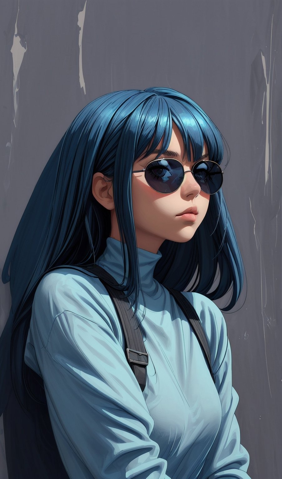 A girl with long straight blue bangs, wearing blue sunglasses, leans on the wall and looks at the camera. The background is pure black, movie lighting, bright colors and strong contrast, ultra-high definition