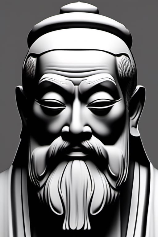 Stoicism black and gray statue, the subject of the statue is the ancient Chinese philosopher Laozi,Head close-up, black and white