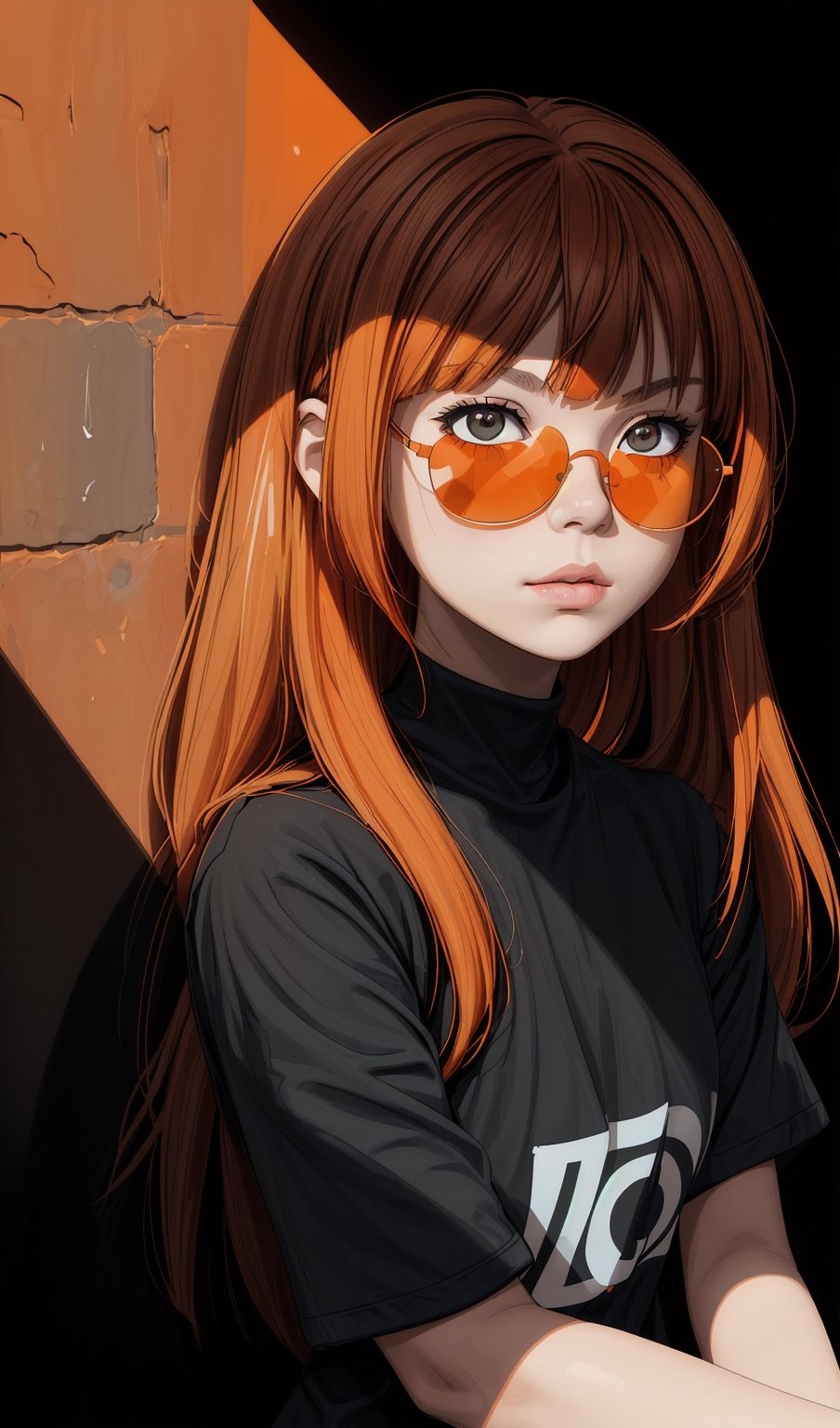 Portrait of a girl with long straight orange bangs, wearing orange sunglasses, leaning against the wall and looking at the camera, black T-shirt, pure black background, movie lighting, bright colors and strong contrast, ultra-high definition