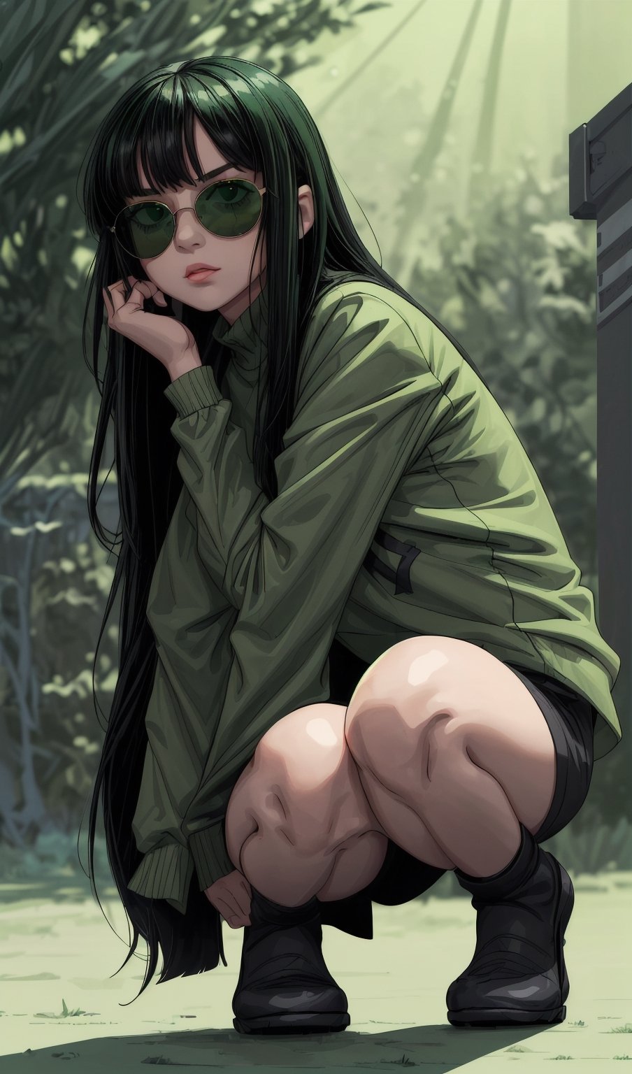 A girl with long black hair and straight bangs, wearing green sunglasses, squats on the ground and looks at the camera. The background is pure green, movie lights, bright colors and strong contrast.