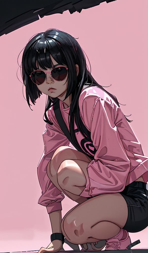 A pink girl with straight bangs, wearing pink sunglasses, squats on the ground and looks at the camera. The background is pure black, movie lighting, bright colors and strong contrast, ultra-high definition.