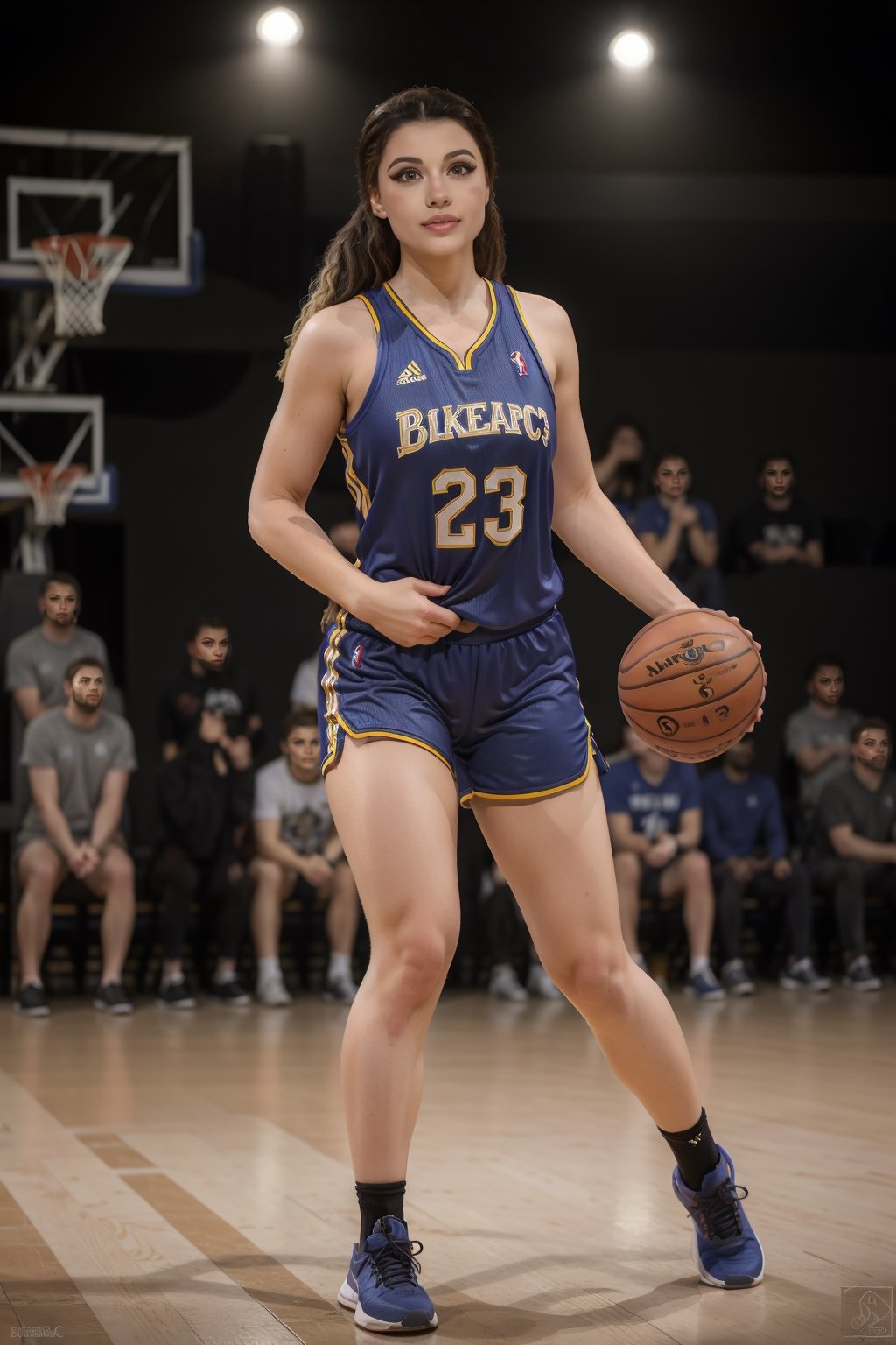 Woman, realistic, masterpiece, best quality, highly detailed, long hair, photorealistic, breasts, basketball outfit, SkpFace