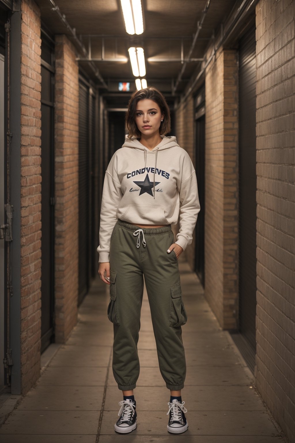 Woman, realistic, converse, cargo pants, hoodie, fullbody_shot, perfect face, cute eyes, hands on hips, looking at viewer, subway alley, cinematic light, SkpFace