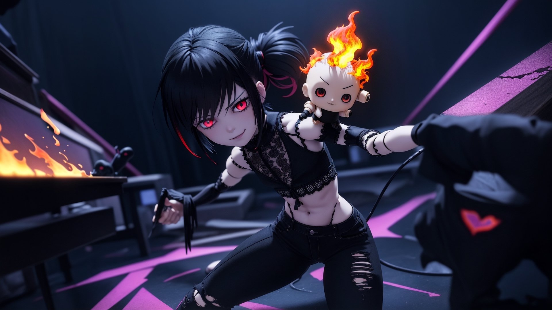 a dirty_demon anime doll,mohawk_hairstyle black-bangs shaved_sides,glaring fire-opal-eyes,slim-body,curvy hips,1wing black,tattered-torn-punk-clothing,smirk,real-doll-style, doll-joints,80's-style glamour-shot,realistic photograph, source lighting, rim lighting, radial lighting,color-boost,intricate, ornate, elegant and refined,glowing-blacklight-illumination,3D,Action figure,Action Figure,Anime,Doll,Fashion