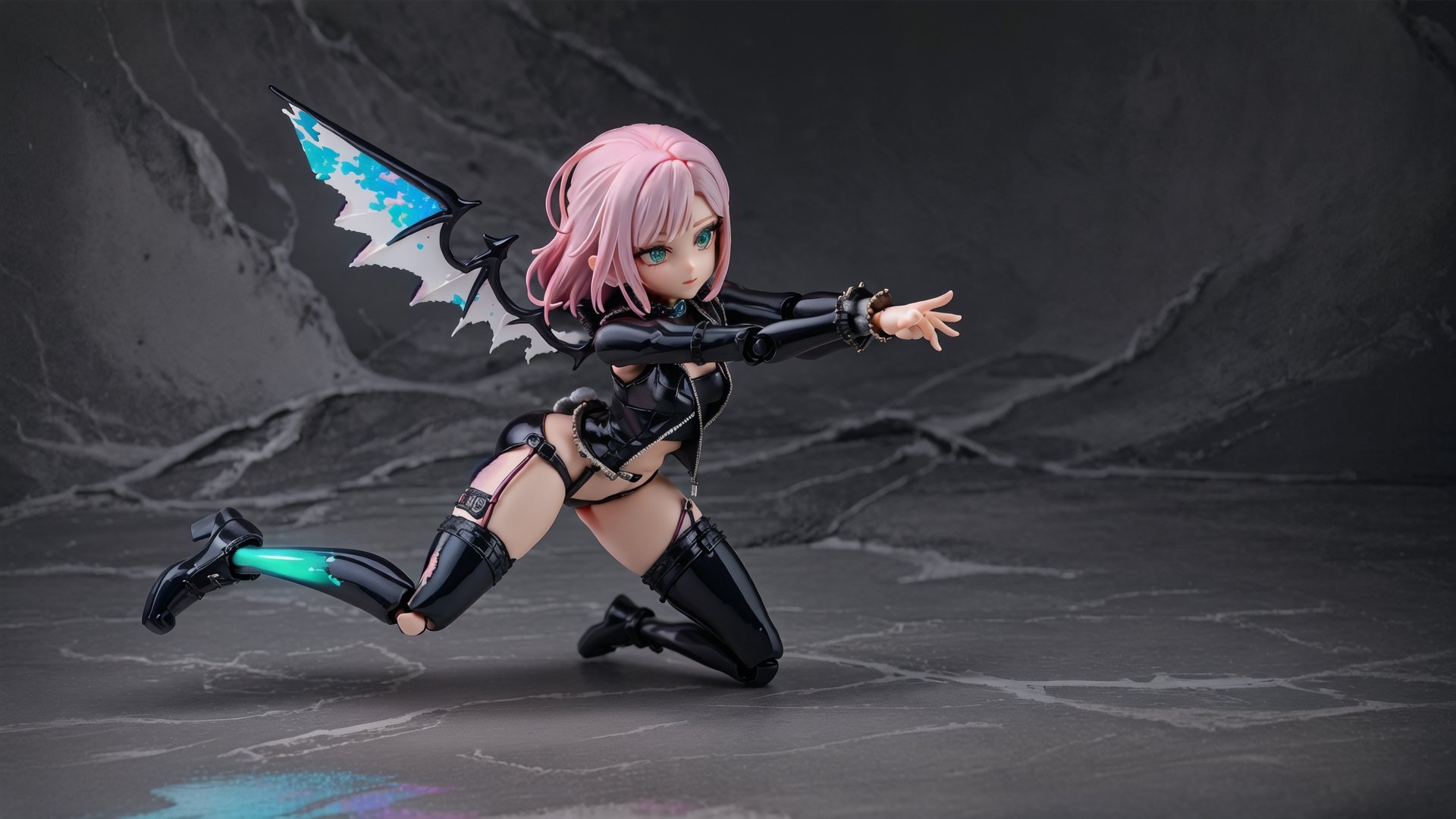 a dirty demon pvc-doll,mohawk-hairstyle+black-bangs+shaved-sides, fire-opal-anime-eyes,slim-body,thicc hips,1wing black,tattered-torn-punk-clothing,real-doll-style, doll-joints,80's-style glamour-shot, contrasting colors pink and jade, realistic photograph, source lighting, rim lighting, radial lighting,color-boost,intricate, ornate, elegant and refined,glowing-blacklight-illumination,random-noise background,3D,Action figure,Action Figure,Anime,Doll