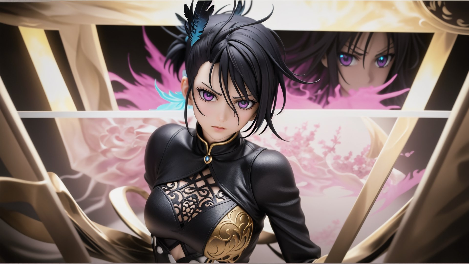 wide-angle view,full-body-shot:7, poseable-real-doll clapping, athletic-body,thicc-hips,angular-face, mohawk-hairstyle,long-black-bangs and shaved sides, glaring-violet-anime-eyes: 7, bright-loud-punk-clothing,black-feather-wing, anime-doll-style, 80's-style glamour-shot, glowing-blacklight-colors,realistic photograph, source lighting, rim lighting, radial lighting, intricate, ornate, elegant and refined,High detailed ,ahehalf,Raw Photo