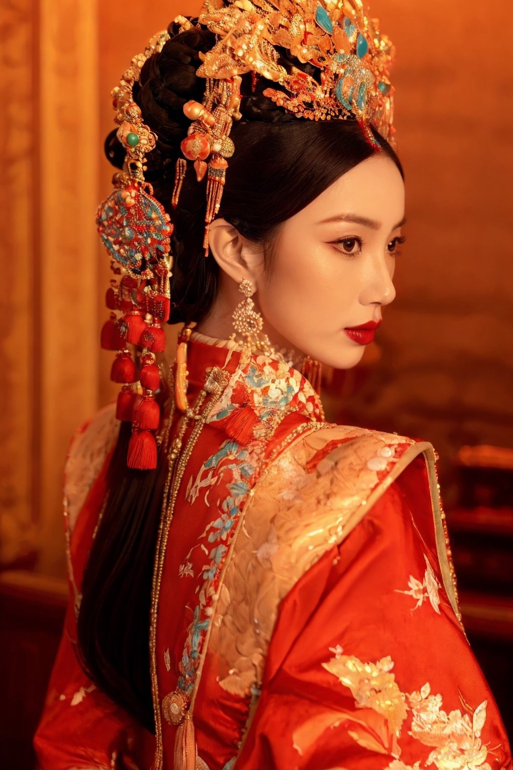 masterpiece,best quality,ultra-detailed,photorealistic,realistic,photography,over the sea,flower,balloon,full body
1girl,jewelry,earrings,solo,long hair,hair ornament,looking back,looking at viewer,red dress,black hair,upper body,closed mouth,blurry,dress,tassel,brown hair,feathers,from behind,chinese clothes,tassel earrings, disgust,frown,furrowed_brow, Fengguanxiapei,凤冠霞帔