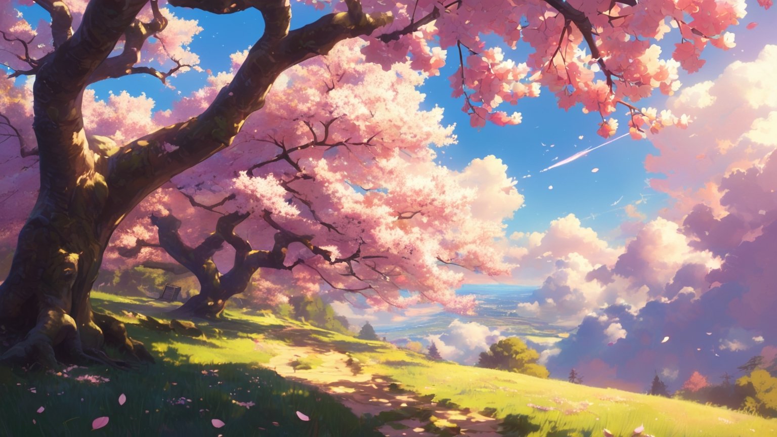 spring, cherry blossoms, petals, flying pink, Warm sunshine, brilliant light, warm weather, warm colors, pastel tones, sunny day, high_resolution, masterpiece, bright, cloudstick, majestic, scenery, more detail XL, 
