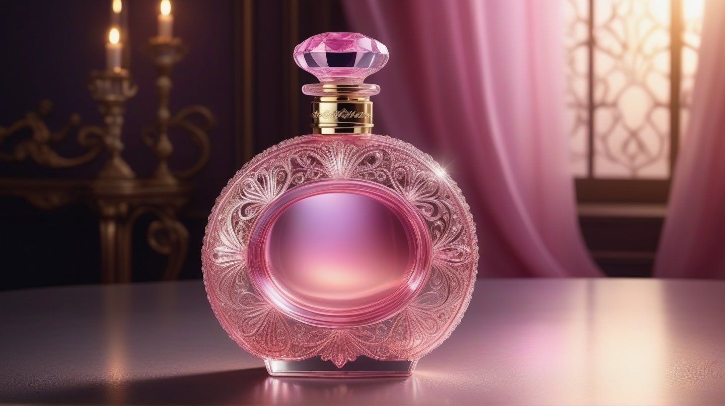 Digital art. 16K. UHD. high quality, intricate details, high detail, Masterpiece of professional photorealism. Glamor. fantasy theme, sculptural art, poignancy, realism overload, sun rays, close up of an elegant filigree glass transparent fairytale bottle of Pink perfume placed on a cozy room table, sleek, modern. fairytale, transparent body, soft iridescence, sparkling, otherworldly glowing fantasy, detailed glitter oil, gentle, soft natural volumetric light, atmospheric bioluminescence, sharp focus, centered composition, professional photography, complex background, soft haze, masterpiece. animalistic, beautiful, meticulously detailed,