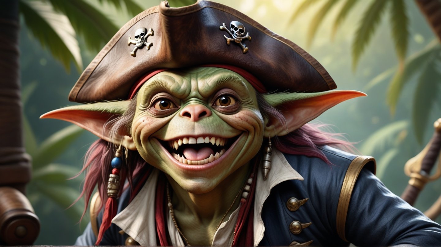 Color sketch. Masterpiece, Wallpaper. 16K. UHD. Best quality. High detail. photorealism. Dynamic plot. Expressive face. perfect anatomy,
Full height.
Gremlin. Pirate with happy expression, Themed background.