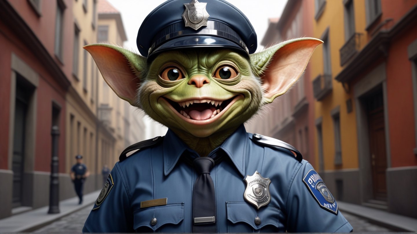 Color sketch. Masterpiece, Wallpaper. 16K. UHD. Best quality. High detail. photorealism. Dynamic plot. Expressive face. perfect anatomy,
Full height.
Gremlin. Policeman with happy expression, Theme background.