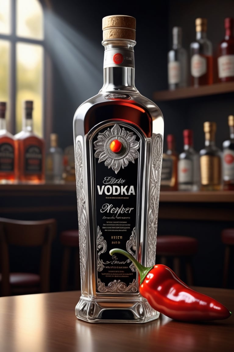 Digital art. 16K. UHD. The best quality, the smallest details, high detail, a masterpiece of professional photorealism. sculptural art, poignancy, realism overload, sun rays, close-up of delicate filigree glass, The bottle depicts a sliver of hot pepper.
Elite bottle "Pepper". Glamor. transparent vintage bottle of vodka on the bar table.
Fantastic background. transparent body, soft iridescence, shine, soft natural surround light, sharp focus, centered composition, professional photography, masterpiece. beautiful, detailed,