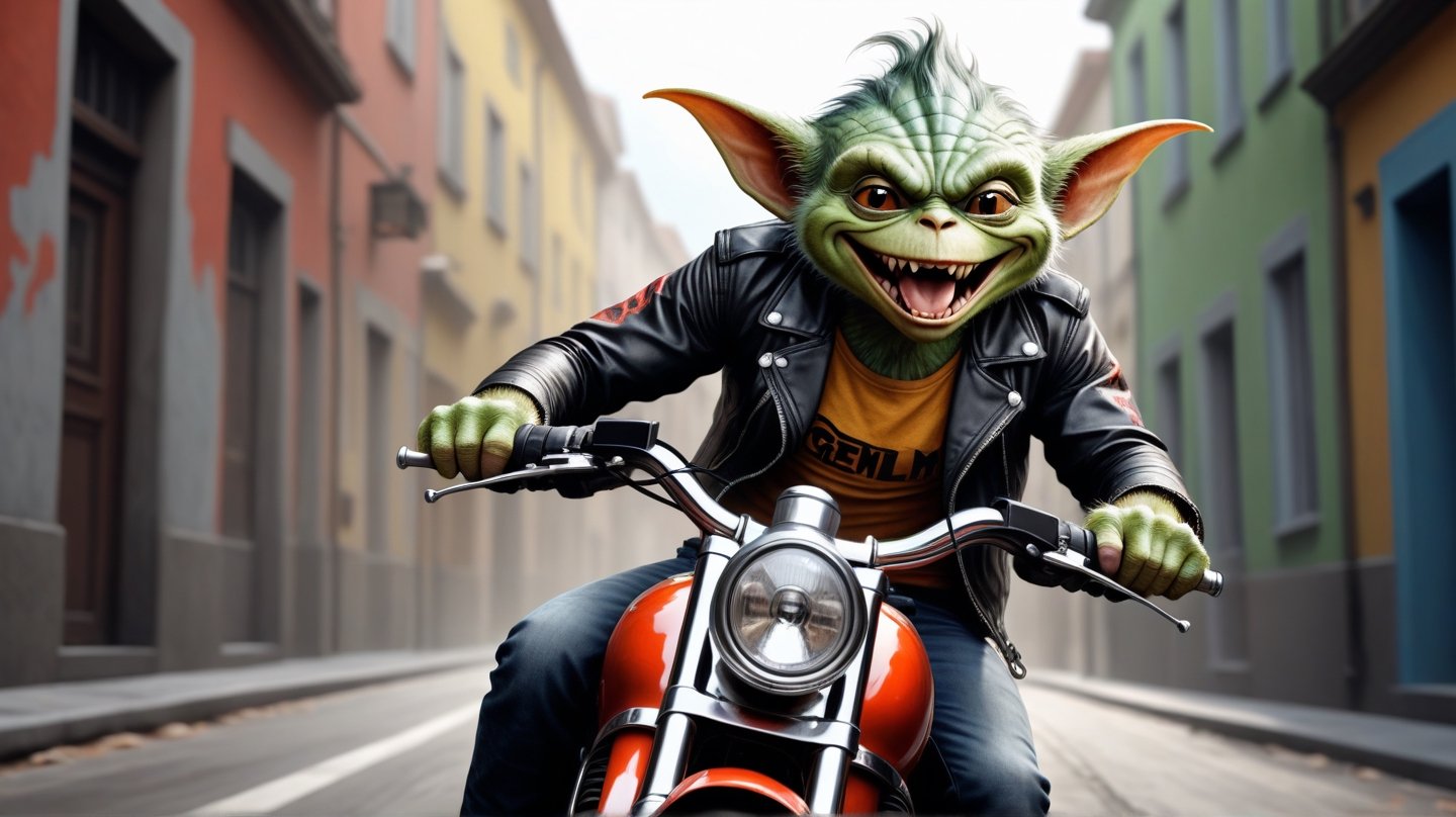 Color sketch. Masterpiece, Wallpaper. 16K. UHD. Best quality. High detail. photorealism. Dynamic plot. Expressive face. perfect anatomy,
Full height.
Gremlin. Biker with happy expression, Theme background.