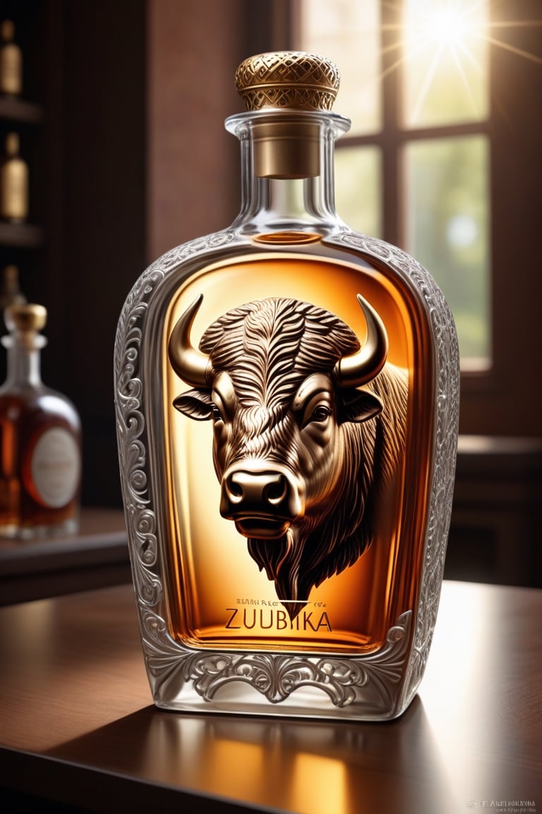 Digital art. 16K. UHD. The best quality, the smallest details, high detail, a masterpiece of professional photorealism. sculptural art, poignancy, realism overload, sun rays, close-up of delicate filigree glass, The bottle features a portrait of a bison.
Elite bottle "Zubrovka". Glamor. transparent vintage bottle on the bar table.
Fantastic background. transparent body, soft iridescence, shine, soft natural surround light, sharp focus, centered composition, professional photography, masterpiece. beautiful, detailed,