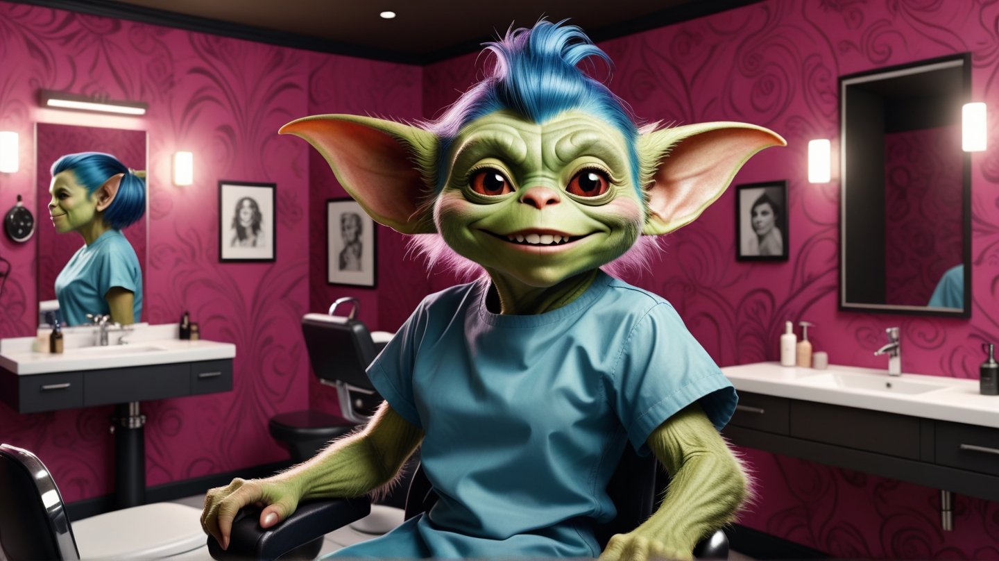 Color sketch. Masterpiece, Wallpaper. 16K. UHD. Best quality. High detail. photorealism. Dynamic plot. Expressive face. perfect anatomy,
Full height.
Gremlin. Hairdresser with happy expression, Theme background.