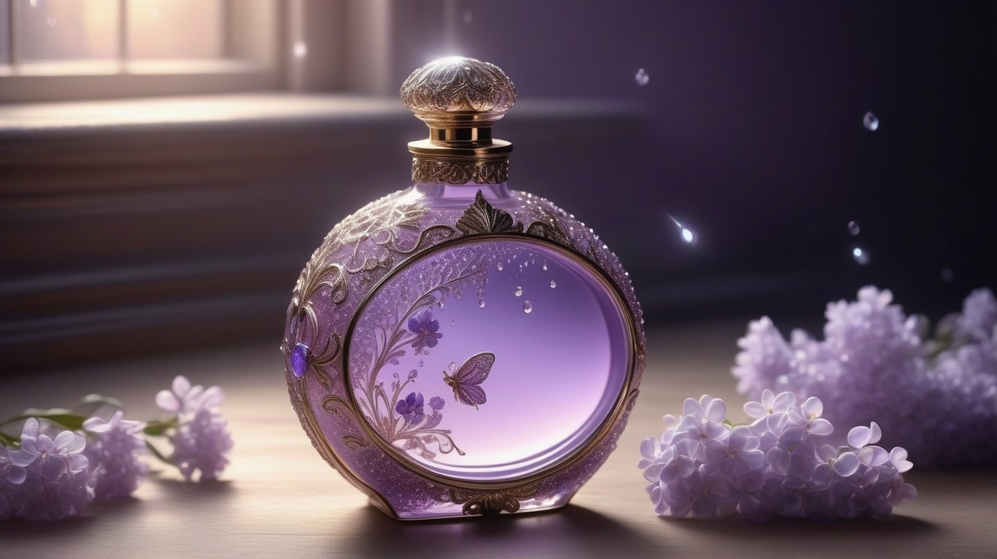 Digital art. 16K. UHD. high quality, intricate details, high detail, Masterpiece of professional photorealism. fantasy theme, sculptural art, edgy, realism overload, sun rays, close up photo of Shaddy of an elegant filigree glass transparent fairy tale perfume bottle decorated with tiny lilac flowers placed on a cozy room table, sleek, modern., fairy tale, transparent body, soft iridescence, sparkling, otherworldly glowing fantasy, detailed glitter oil, artistic water drops, delicate, soft pastel colors, soft natural volumetric light, atmospheric bioluminescence, sharp focus, centered composition, professional photography, complex background, soft haze, masterpiece. animalistic, beautiful, meticulously detailed,