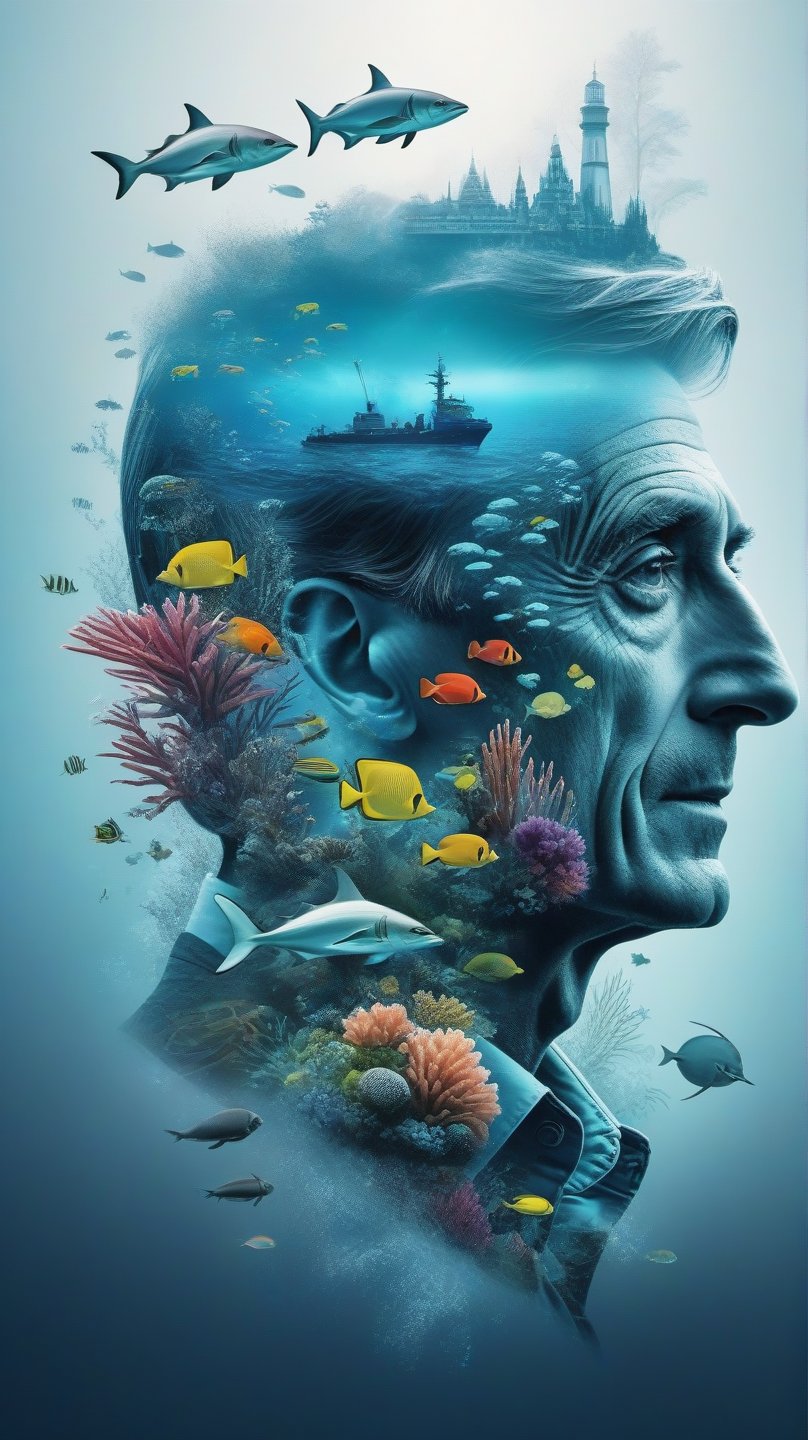 Conceptual art. Double exposure collage. 16K. UHD. high quality, photorealism. Splashes. Fog.
Jacques-Yves Cousteau. famous explorer of underwater flora and fauna.
Science fiction. Stunning full color design, sharp focus, studio shooting, intricate details, high detail, detailed anatomy. Hyperrealism.