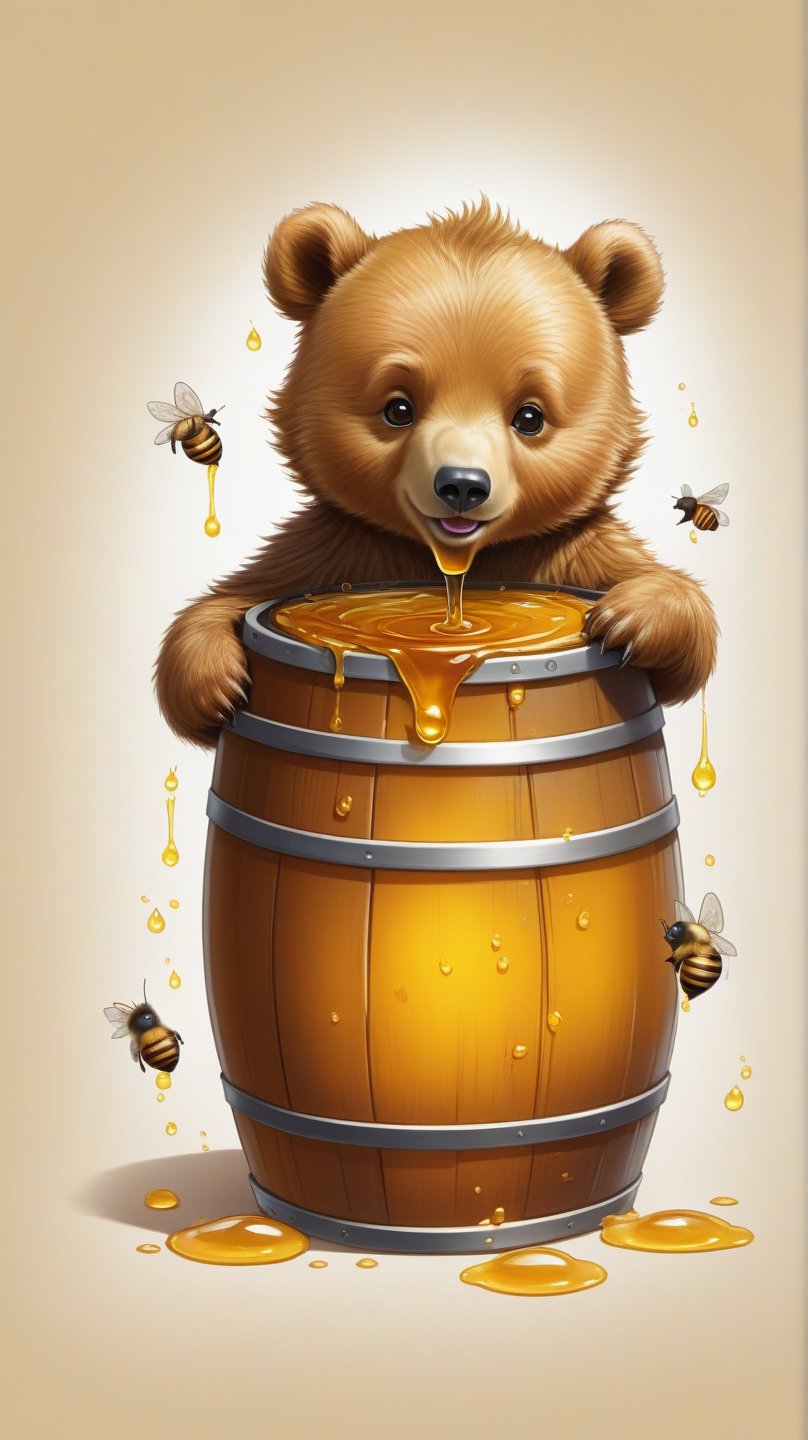 Conceptual art. Color sketch. 16K. UHD. high quality, photorealism. Thematic background. Postcard.
Honey Savior. Happy anthropomorphic Chibi bear. Mysticism. Barrel of honey.
Stunning full-color design, sharp focus, studio shooting, intricate details, high detail, detailed anatomy. Hyperrealism.