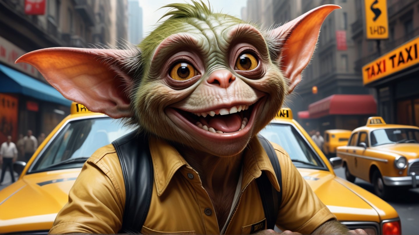 Color sketch. Masterpiece, Wallpaper. 16K. UHD. Best quality. High detail. photorealism. Dynamic plot. Expressive face. perfect anatomy,
Full height.
Gremlin. Taxi driver with happy expression, Themed background.