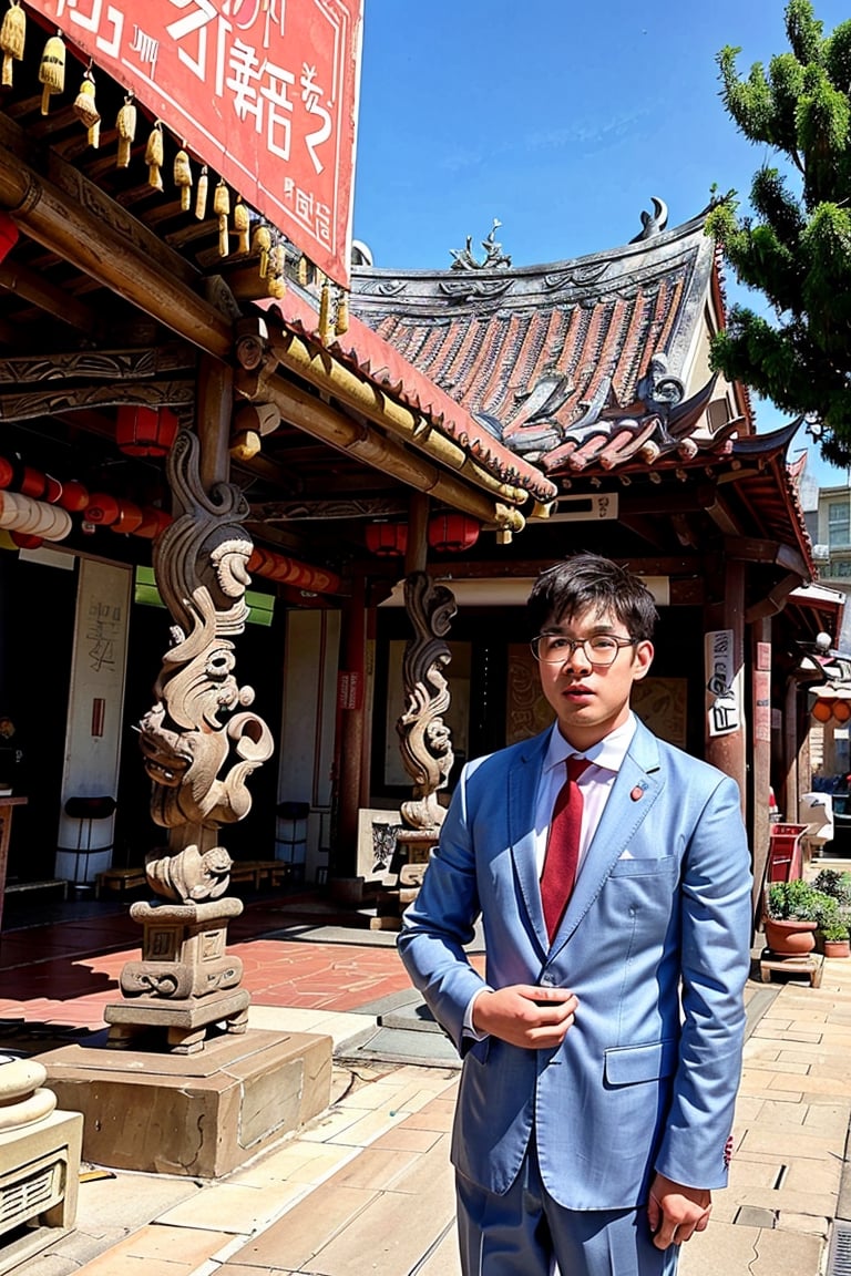 (1 boy, Asian man, Taiwanese man:1.5), ((male focus)), 25 years old, looking outside, unique personality, short hair, handsome, (masculine, stubble), round glasses, confidence, intense gaze, vintage men suit, white collared shirt, necktie, formal suit, perfect proportions, perfect perspective, cinematic lighting, film photography, (portrait, headshot, close-up:1.4, subtropical environment, scenery, historical, heritage, rustic, (Taiwanese temple background, Historical Taiwanese Temple, Lukang Longshan Temple:1.2), Hokkien architecture, (orange tiled roof, upward curve ridge roof), stone base, red brick wall, trees, blue sky 