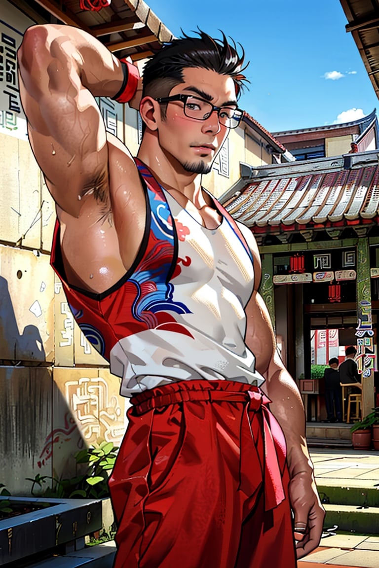 (1 boy, Asian man, Taiwanese man:1.5), ((male focus)), 25 years old, looking outside, unique personality, handsome, stubble, round glasses, confidence, intense gaze, white tank top,  perfect proportions, perfect perspective, cinematic lighting, film photography, (portrait, headshot, close-up:1.4, subtropical environment, scenery, historical, heritage, rustic, (Taiwanese temple background, Historical Taiwanese Temple, Lukang Longshan Temple:1.2), Hokkien architecture, (orange tiled roof, upward curve ridge roof), stone base, red brick wall, trees, blue sky,Muscle,Asian man