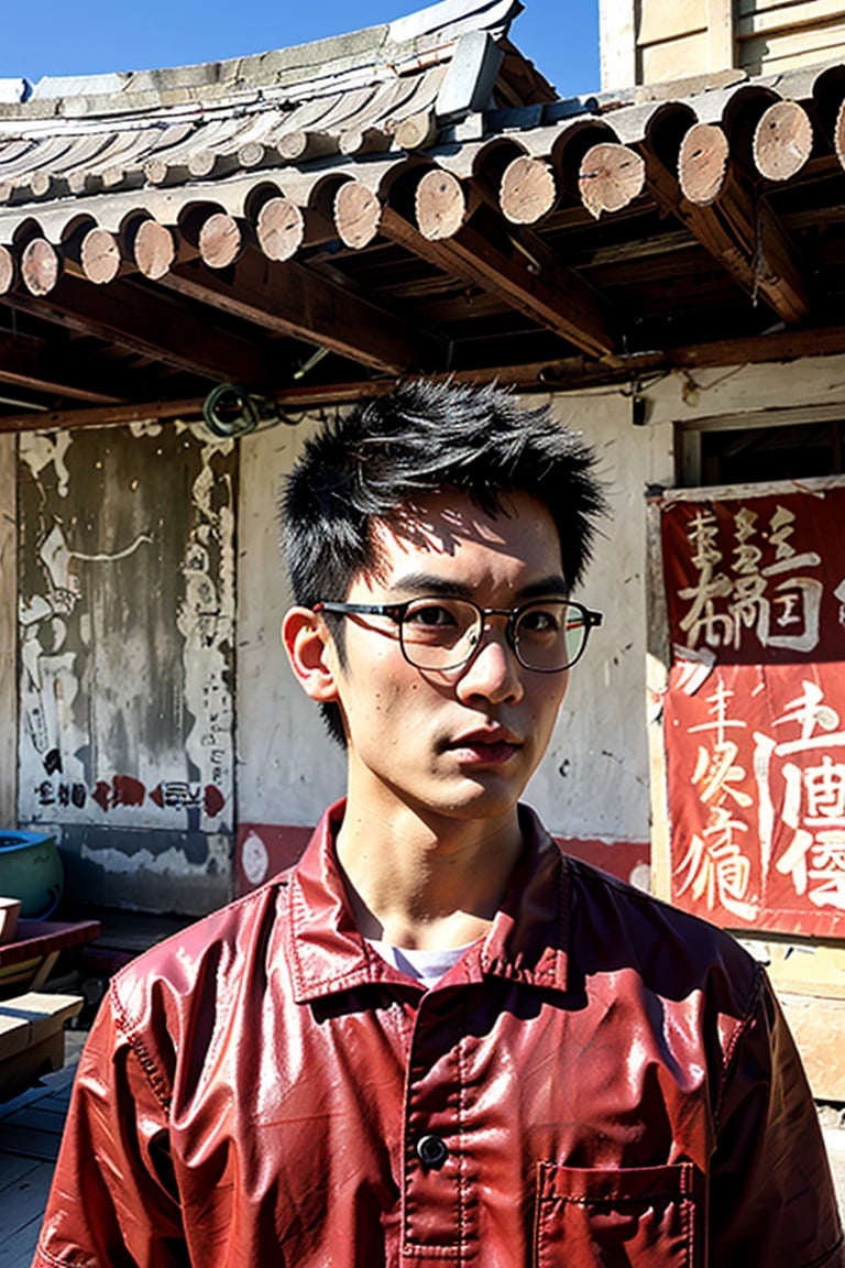 (1 boy, Asian man, Taiwanese man:1.1), ((male focus)), mature, looking outside, unique personality, chill, flighty, charming, stylish, dashing, ((short hair)), handsome, ((facial hair, stubble}), round glasses, confidence, intense gaze, damask collared shirt, perfect proportions, perfect perspective, cinematic lighting, film photography, (portrait, headshot, close-up:1.4, subtropical environment, scenery, historical, heritage, rustic, (Taiwanese temple background, Historical Taiwanese Temple, Lukang Longshan Temple:1.2), Hokkien architecture, (orange tiled roof, upward curve ridge roof), stone base, red brick wall, trees, blue sky, Muscle,Asian man,Muscle