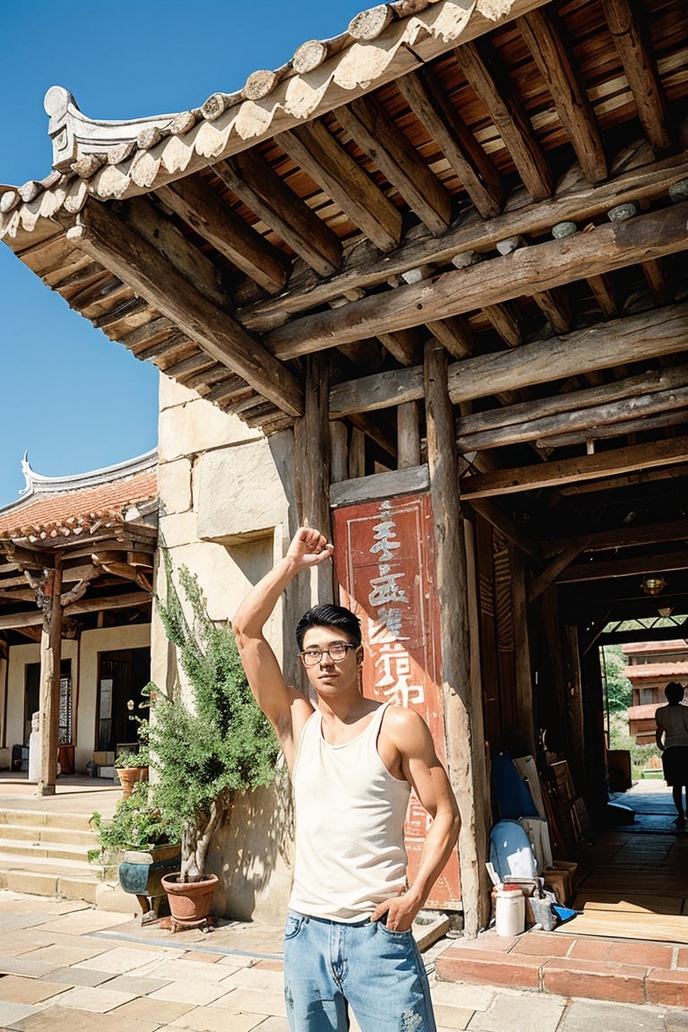 Asian man, glasses, handsome, stubble, muscle, white tank top, (male focus), perfect proportions, perfect perspective, cinematic lighting, film photography, ((portrait, headshot)), subtropical environment, landscape, historical old cityscape, scenery, buildings, taiditional, historical, heritage, rustic, temple, multiple temples, court, atrium, Taiwanese temple, Hokkien architecture, (orange tiled roof, upward curve ridge roof, wooden structure), stone base, red brick wall, trees, blue sky