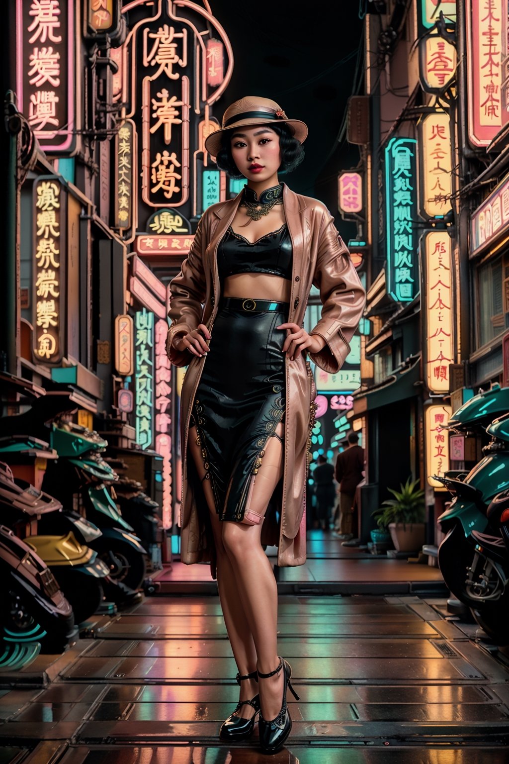 portrait of an asian woman,1920s, (flapper girl, modan garu, finger wave hair, overcoat, cloche hat), full body, female focus, Historical Taiwanese Temple background, Shophouse, street, cityscape, subtropical environment, highest quality, detailed and intricate, masterpiece, neon_nouveau, Art Deco, Futuristic Deco, Neon Elegance, Cyber-Vintage, Techno-Glam, Neon Revival,Masterpiece