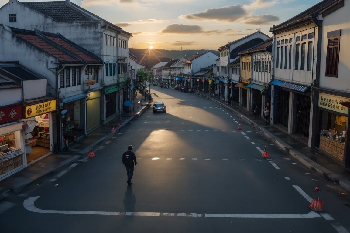 architecture, building, (shophouse), aerial photography, cityscape, scenery, Southeast Asia, George Town, Penang, vintage, historical, heritage, orange tiled roof, pedestrian arcade, narrow facade, long windows, people, crowd, street vendors, road, perfect proportions, perfect perspective, 8k, masterpiece, best quality, high_resolution, high detail, photorealistic, nightmarket, sunset, twilight, Masterpiece,backroom