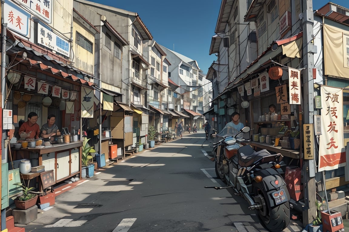 architecture, building, (shophouse), cityscape, scenery, Southeast Asia, George Town, Penang, vintage, historical, heritage, orange tiled roof, pedestrian arcade, narrow facade, long windows, people, crowd, street vendors, road, perfect proportions, perfect perspective, 8k, masterpiece, best quality, high_resolution, high detail, photorealistic, motorcycle, bike, nightmarket, sunset,Historical Taiwanese Temple, metal steel building