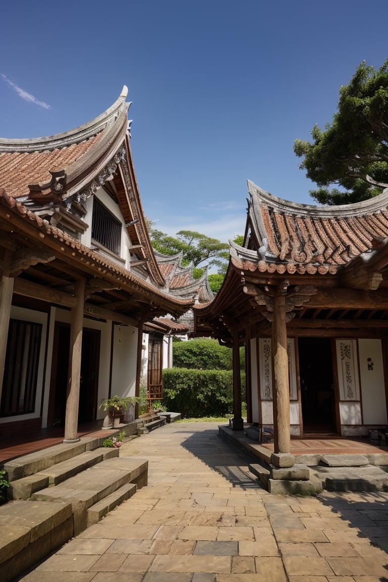 architecture, landscape, scenery, east asian architecture, court, atrium, (Taiwanese temple, Hokkien architecture, Southern Min architecture) East Asia, vintage, historical, heritage, trational, ancient, wooden structure,  (orange tiled roof, upward curve ridge roof), best quality, masterpiece, (outdoor:1.5), multiple temples, historical old cityscape, subtropical environment, rustic, stone base, brick wall, moon gate, ((isometric))