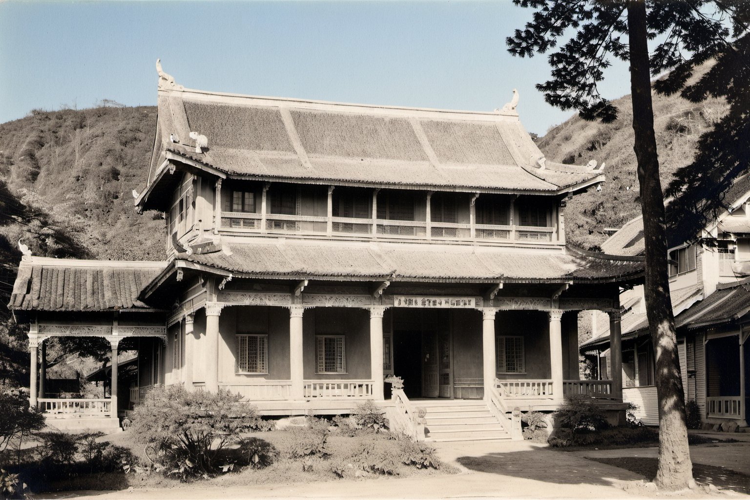 landscape, buildings, taiditional Taiwanese village, (Taiwanese temple, Hokkien architecture), Southern Min building, trees, East Asia, vintage, historical, heritage, Lukang Longshan temple, Taiwan, trational, temple, tile roof, upward curve ridge roof, blue sky, perfect proportions, perfect perspective, 32k, masterpiece, ultra realistic, best quality, hyperrealistic, photorealistic, madly detailed photo,  