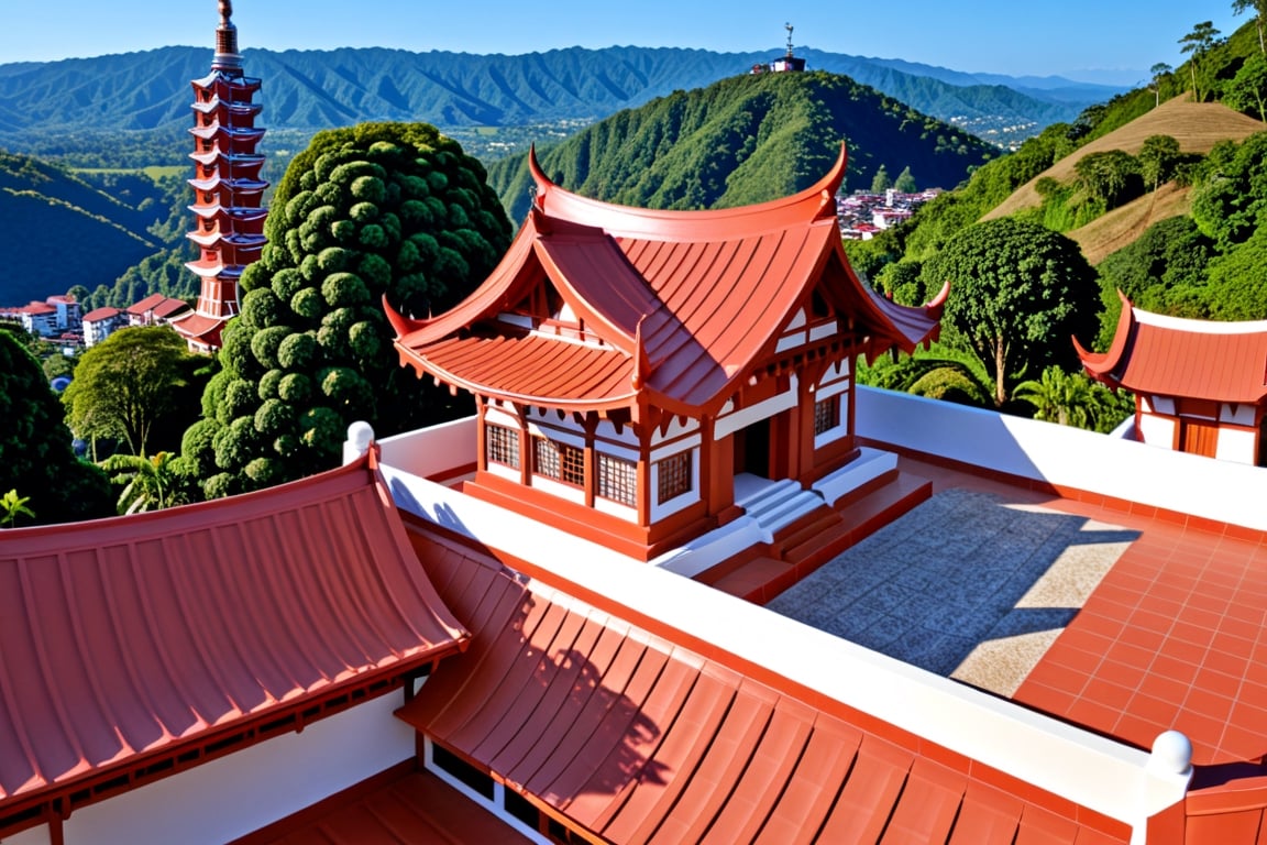 cityscape, crowd, people, buildings, taiditional Taiwanese village, (Taiwanese temple, Hokkien architecture), Southern Min building, trees, East Asia, vintage, historical, heritage, Taipei Longshan temple, Taiwan, trational, temple, tile roof, upward curve ridge roof, blue sky, perfect proportions, perfect perspective, 32k, masterpiece, ultra realistic, best quality, hyperrealistic, photorealistic, madly detailed photo, orange tile roof,art_booster,more detail XL, vintage photo, historical