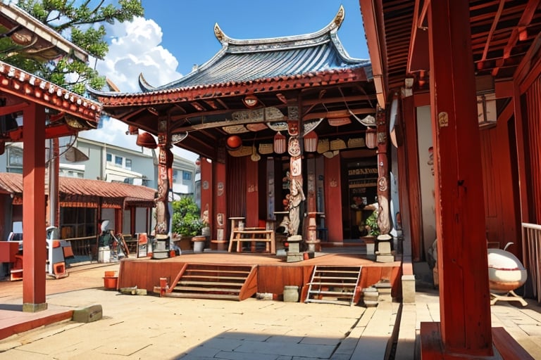 architecture, landscape, scenery, east asian architecture, Lukang Longshan temple, (Taiwanese temple, Hokkien architecture, Southern Min architecture) East Asia, vintage, historical, heritage, trational, ancient, wooden structure, orange tiled roof, upward curve ridge roof, trees