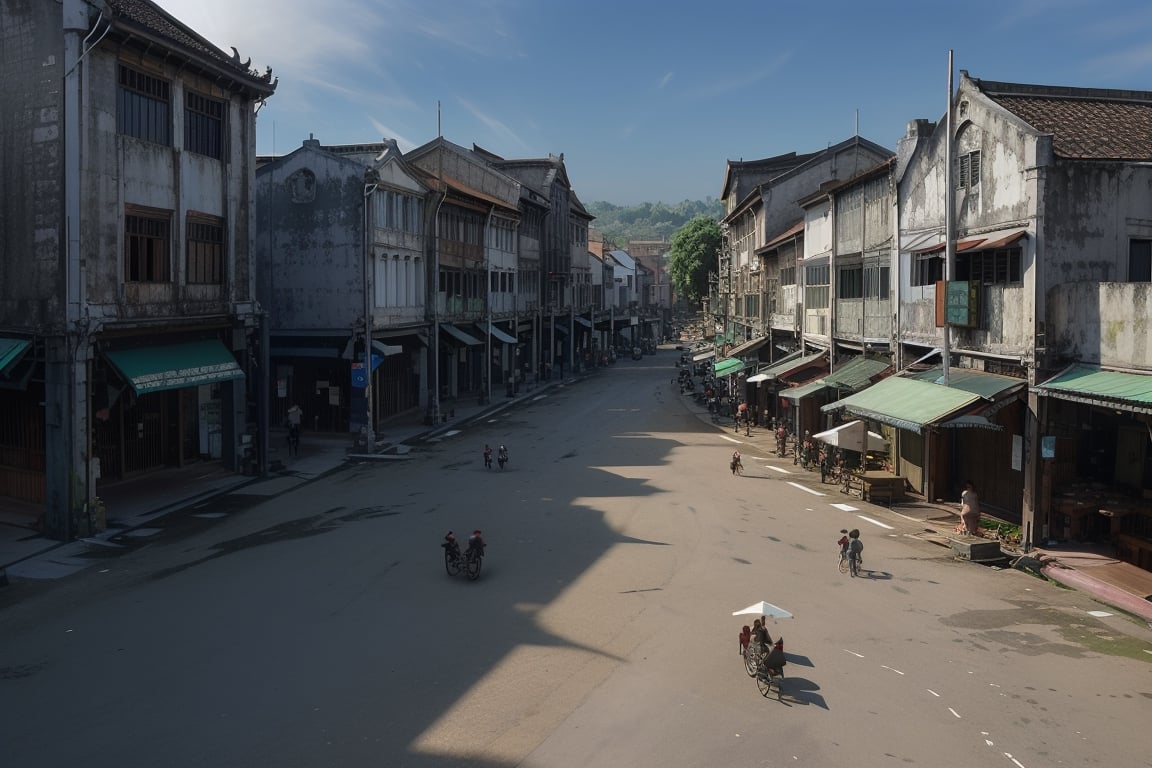 architecture, building, (shophouse), aerial photography, cityscape, scenery, Southeast Asia, George Town, Penang, vintage, historical, heritage, orange tiled roof, pedestrian arcade, narrow facade, long windows, people, crowd, street vendors, road, perfect proportions, perfect perspective, 8k, masterpiece, best quality, high_resolution, high detail, photorealistic, nightmarket, sunset, twilight, Masterpiece,building,abenoharukas,concept