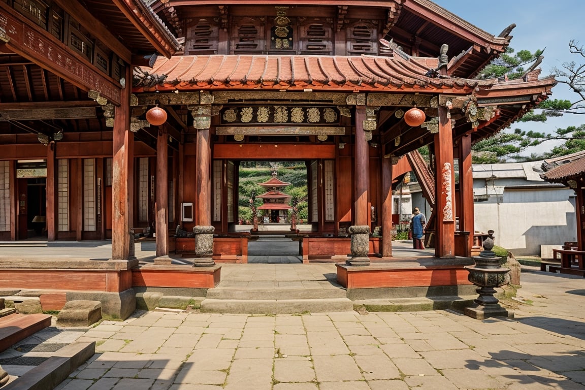 architecture, landscape, scenery, east asian architecture, Lukang Longshan temple, (Taiwanese temple, Hokkien architecture, Southern Min architecture) East Asia, vintage, historical, heritage, trational, ancient, wooden structure, orange tiled roof, upward curve ridge roof, trees, (ukiyo-e)