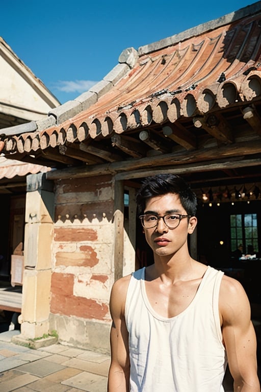 Asian man, glasses, handsome, stubble, muscle, white tank top, (male focus), perfect proportions, perfect perspective, cinematic lighting, film photography, ((portrait, headshot)), subtropical environment, landscape, historical old cityscape, scenery, buildings, taiditional, historical, heritage, rustic, temple, multiple temples, court, atrium, Taiwanese temple, Hokkien architecture, (orange tiled roof, upward curve ridge roof), stone base, red brick wall, trees, blue sky