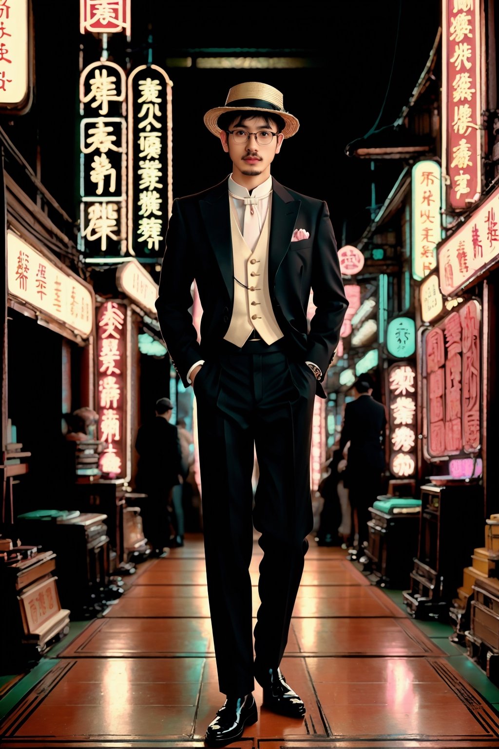 portrait of an asian man, 1920s, (gentleman, stylish, facial hair, stubble, glasses, boater hat), full body, male focus, Historical Taiwanese Temple background, Shophouse, street, cityscape, subtropical environment, highest quality, detailed and intricate, masterpiece, neon_nouveau, Art Deco, Futuristic Deco, Neon Elegance, Cyber-Vintage, Techno-Glam, Neon Revival