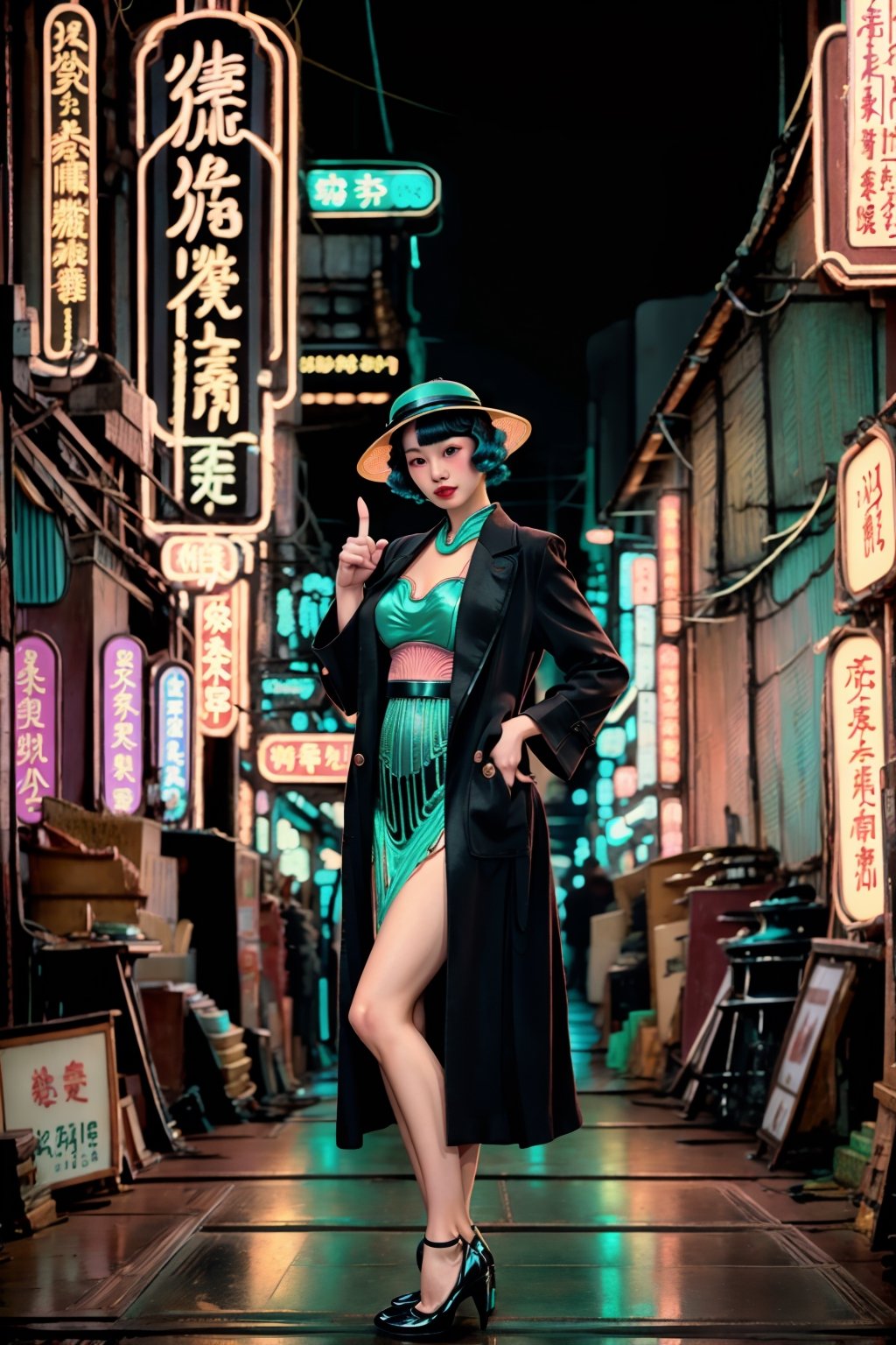 portrait of an asian woman,1920s, (flapper girl, modan garu, finger wave hair, overcoat, cloche hat), full body, female focus, Historical Taiwanese Temple background, Shophouse, street, cityscape, subtropical environment, highest quality, detailed and intricate, masterpiece, neon_nouveau, Art Deco, Futuristic Deco, Neon Elegance, Cyber-Vintage, Techno-Glam, Neon Revival,Masterpiece
