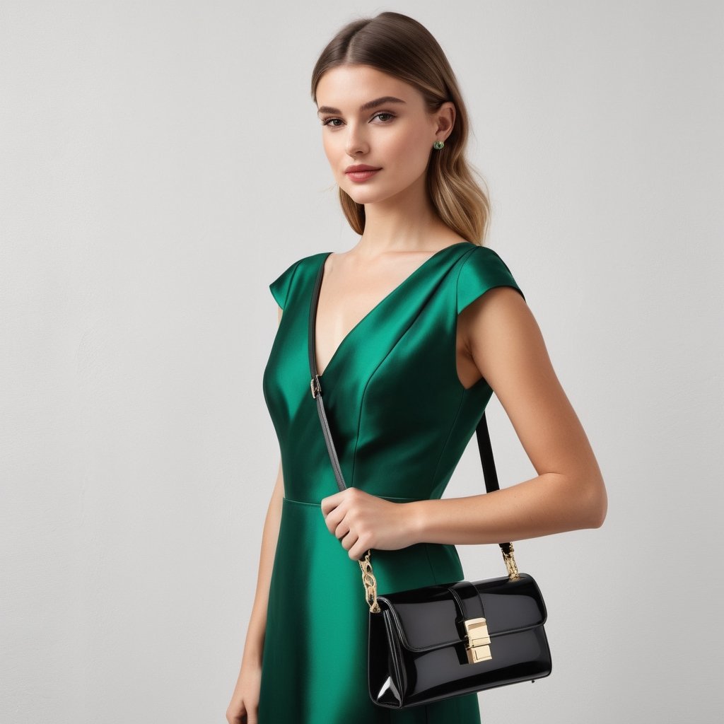 A girl in an emerald dress holds a ((black) baguette bag with a long shoulder strap in front of her, this ((black) baguette bag) is very clearly visible. beautiful classic baguette bag shape, photorealism