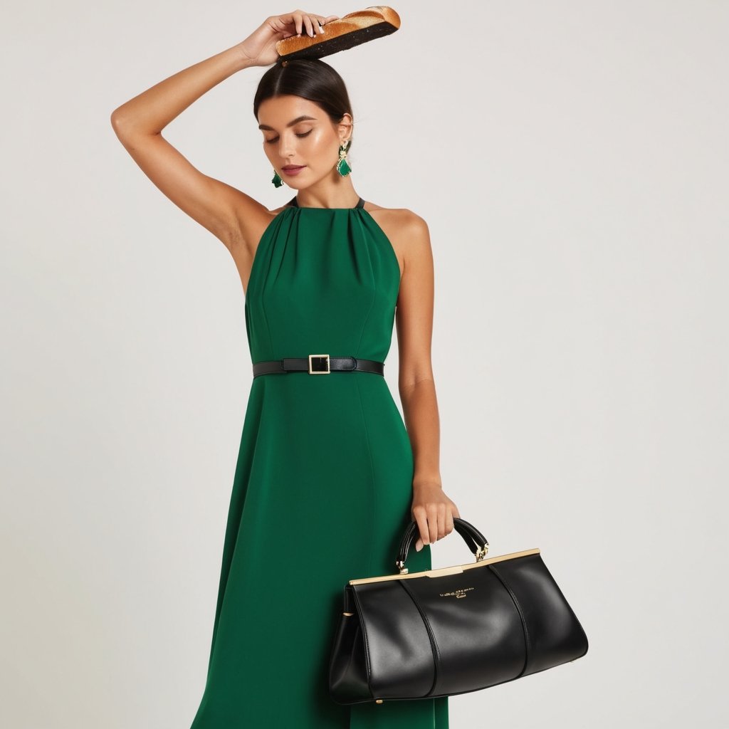 A girl in an emerald dress holds over her head (a black baguette bag) with a long strap