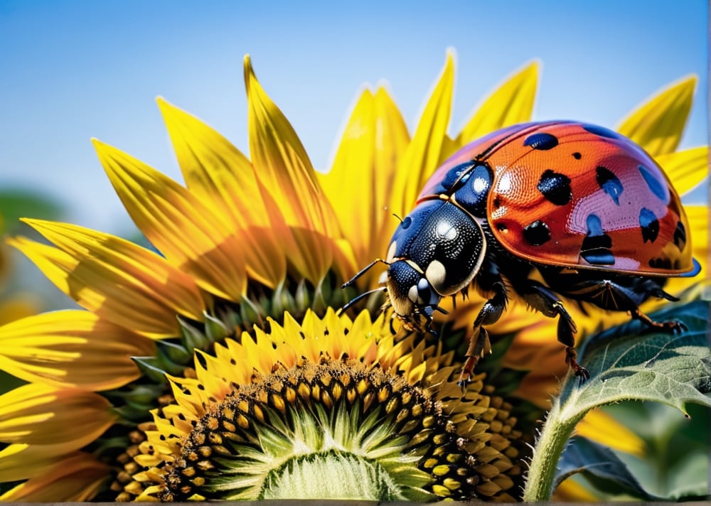 a large ladybug on a sunflower