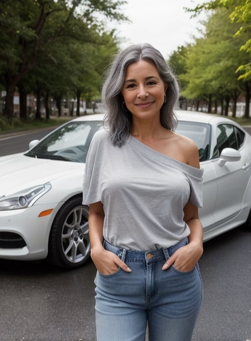 55-year-old woman with gray hair, (hair lying on her shoulders:1.3), (gray eyes:1.1),
Skin color is white,
The figure is slender, with prominent cheekbones, wide hips, large breasts,
Age 55,
standing in front of a car, hands behind his back,
empty street, luxury white sports car, trees, gray T-shirt, blue shirt, blue jeans, white sneakers, full-length, smiling thoughtfully