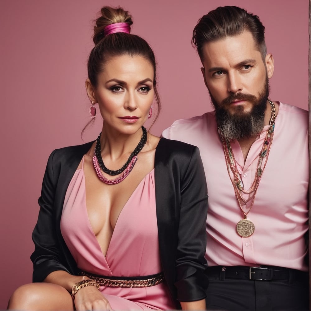 an American woman, 40 years old, with a ponytail hairstyle, in a stylish pink dress, with a sad face sits next to a guy with a beard, in black fashionable clothes, with a bohemian chain and watch. professional photography
