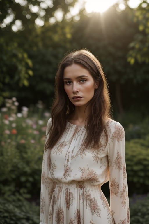 upper_body, Photo of a young woman with intense, penetrating eyes and a serene expression, captured in a lush garden at the golden hour, just before sunset. This scene is photographed with the style and quality to produce a high-detail, raw quality image. The woman has long, flowing hair and is wearing an elegant, floral-patterned dress that blends with the surrounding garden. The lighting combines warm and cool contrasts, dramatically highlighting her features and creating a mix of soft and intense shadows. Her gaze is profound, reflecting deep emotion and character, akin to the dramatic and textured feel of the elder man's portrait, yet maintaining the tranquility and natural beauty of the garden setting, upper_body, model photoshoot, closeup, Color raw digital portrait photo of a woman, brown permed hair, gren ayes, content expression, fine embroidered maroon deep top, elegant white skirt, film grain, grainy, award-winning photo, absurdres, masterpiece
