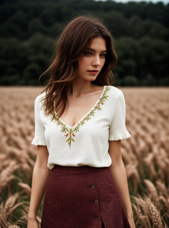 Full_body, model photoshoot, closeup, Color raw digital portrait photo of a woman, brown permed hair, gren ayes, content expression, fine embroidered maroon deep top, elegant white skirt, film grain, grainy, award-winning photo, absurdres, masterpiece