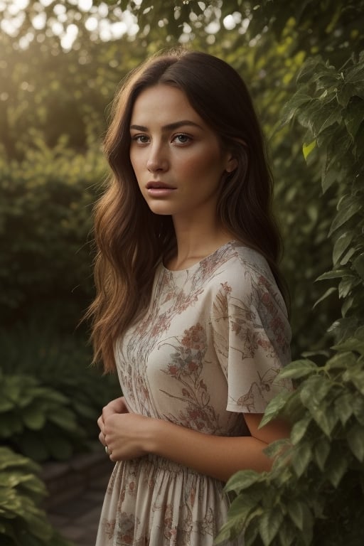 upper_body, Photo of a young woman with intense, penetrating eyes and a serene expression, captured in a lush garden at the golden hour, just before sunset. This scene is photographed with the style and quality to produce a high-detail, raw quality image. The woman has long, flowing hair and is wearing an elegant, floral-patterned dress that blends with the surrounding garden. The lighting combines warm and cool contrasts, dramatically highlighting her features and creating a mix of soft and intense shadows. Her gaze is profound, reflecting deep emotion and character, akin to the dramatic and textured feel of the elder man's portrait, yet maintaining the tranquility and natural beauty of the garden setting, .